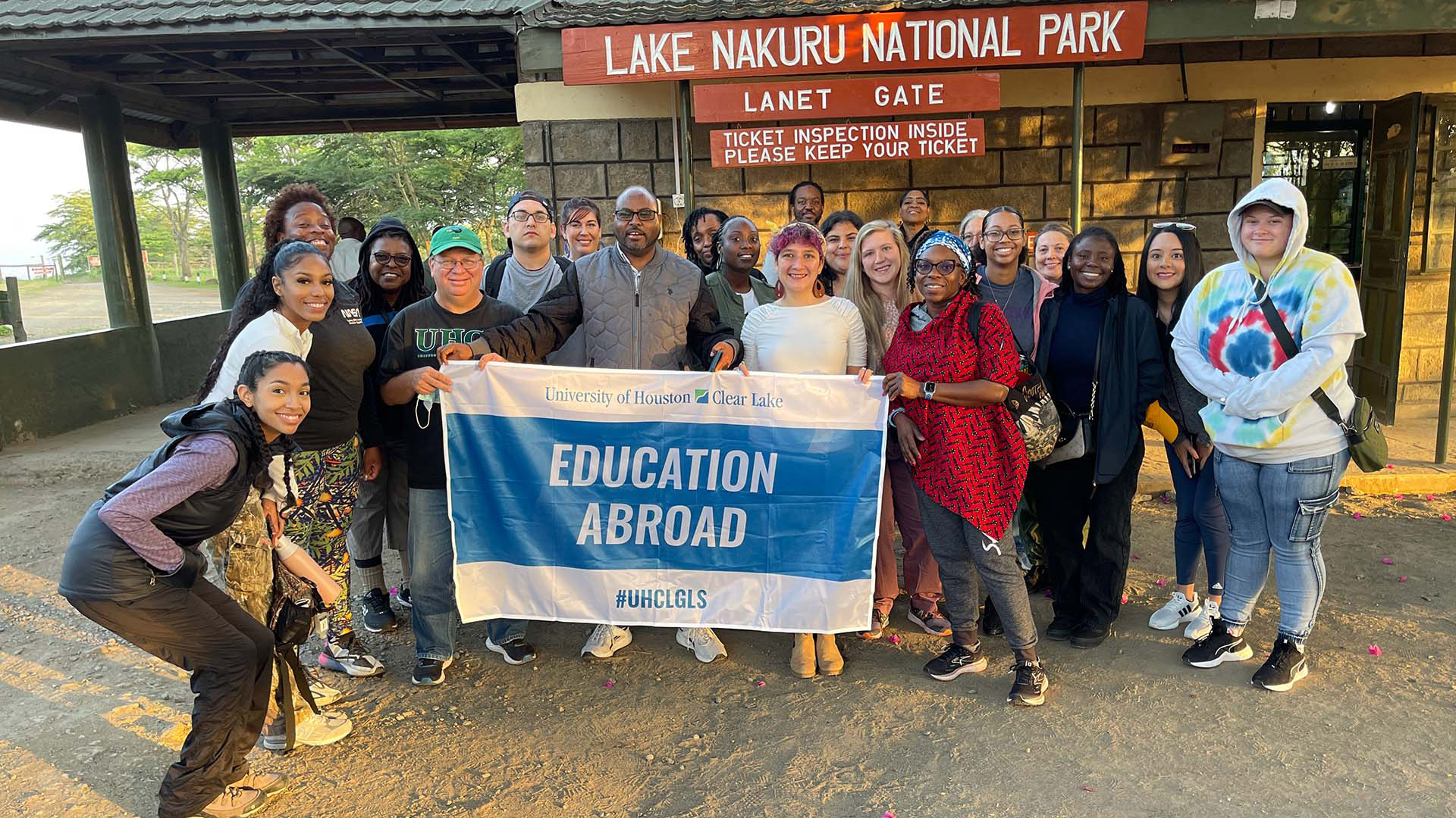 Group photo of UHCL students at Lake Nakuru National Park in Kenya