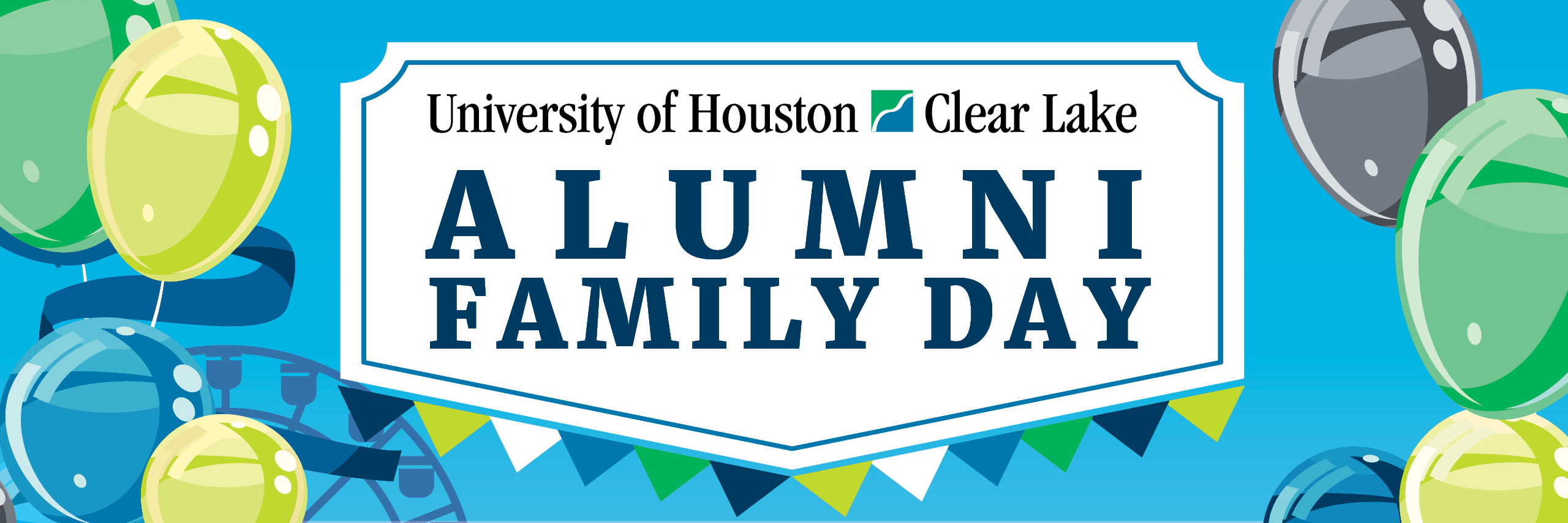 alumni family day graphic with balloons and carnival decor