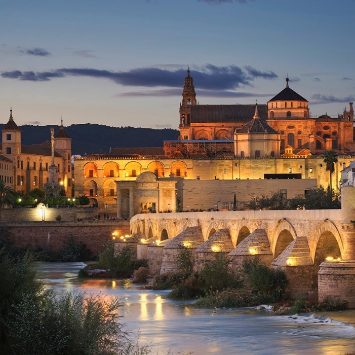 A pitcture of cordoba spain lit up against the night sky