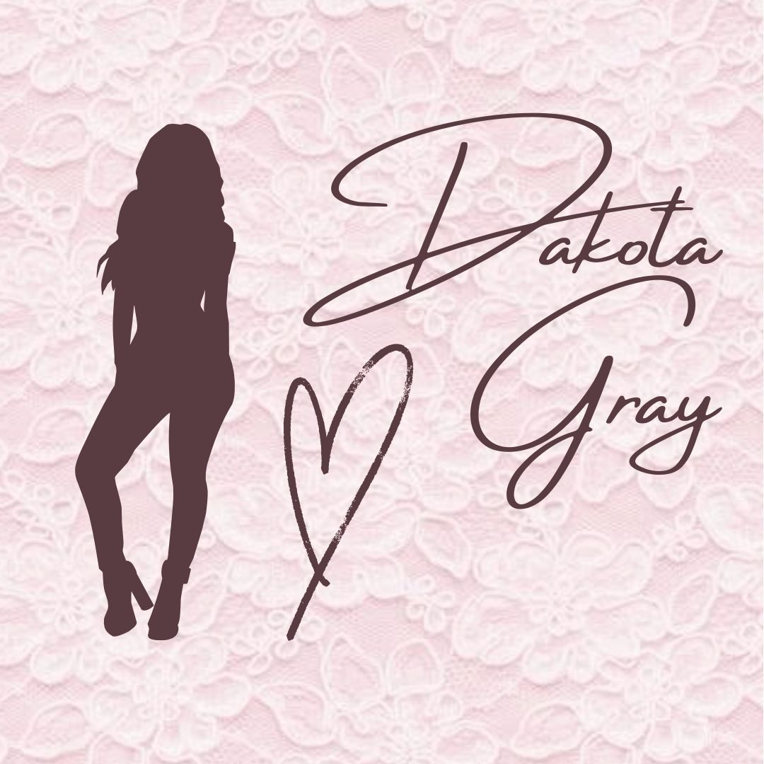 White lace on a pink background. A maroon figure of a woman stands next to a cursive font that reads "Dakota Gray".