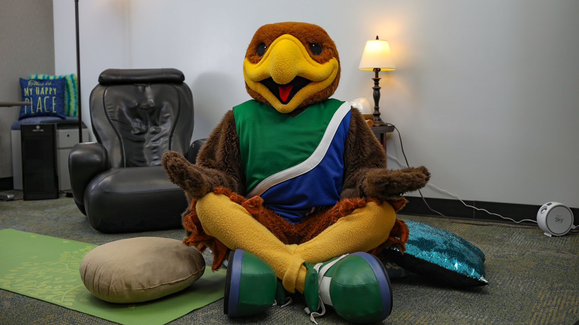 Hunter Hawk meditates in the soothing Mind Spa