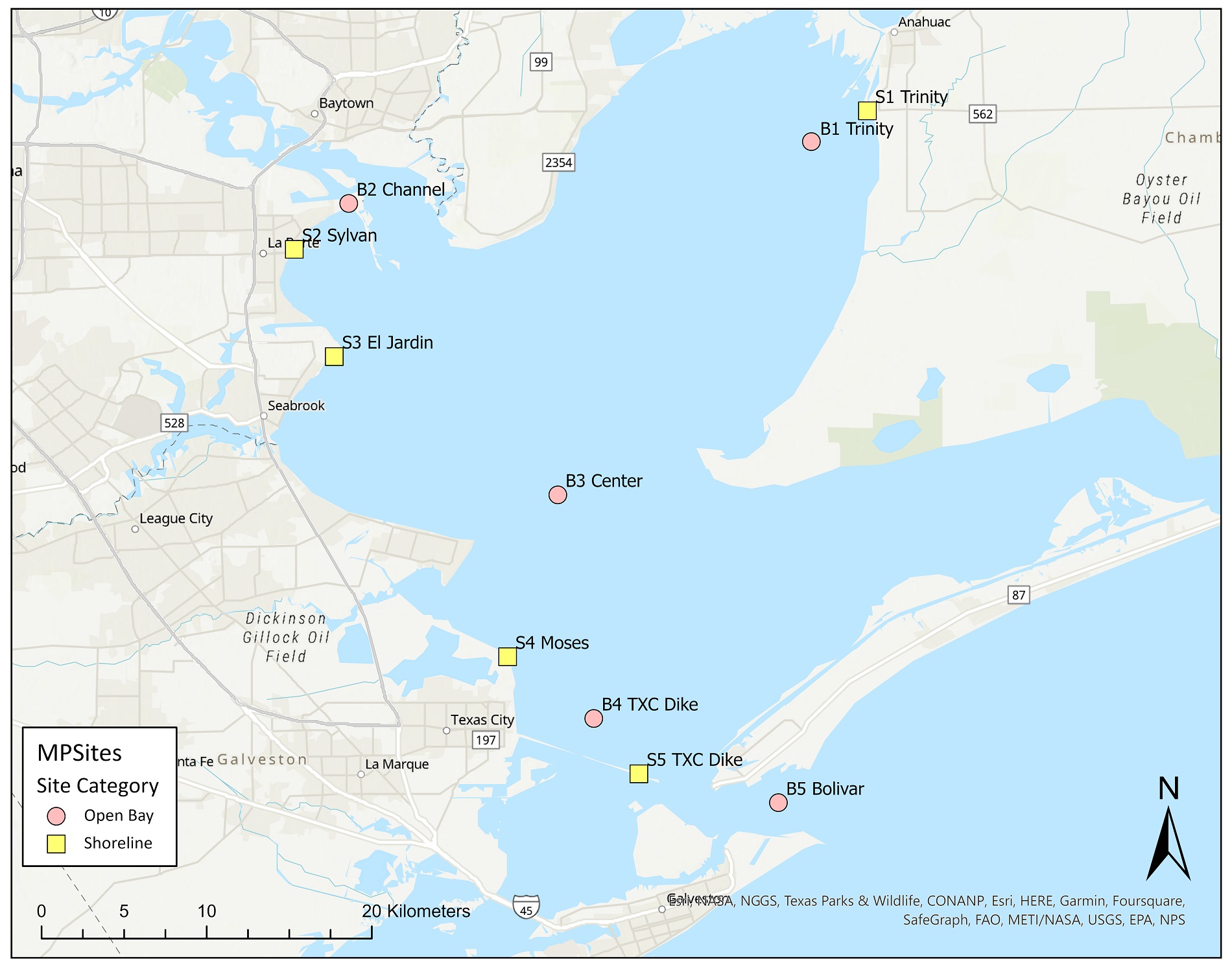 Map of sampling sites around Galveston and Trinity Bays