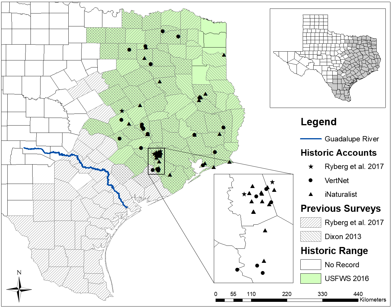 Figure 1. Historic range and accounts of western chicken turtles in Texas Historic range and accounts of western chicken turtles in Texas