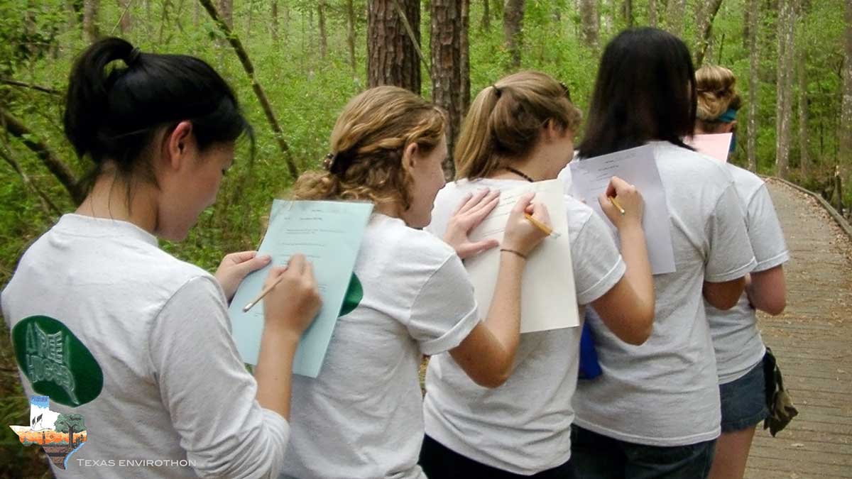 Students take a field test in the woods