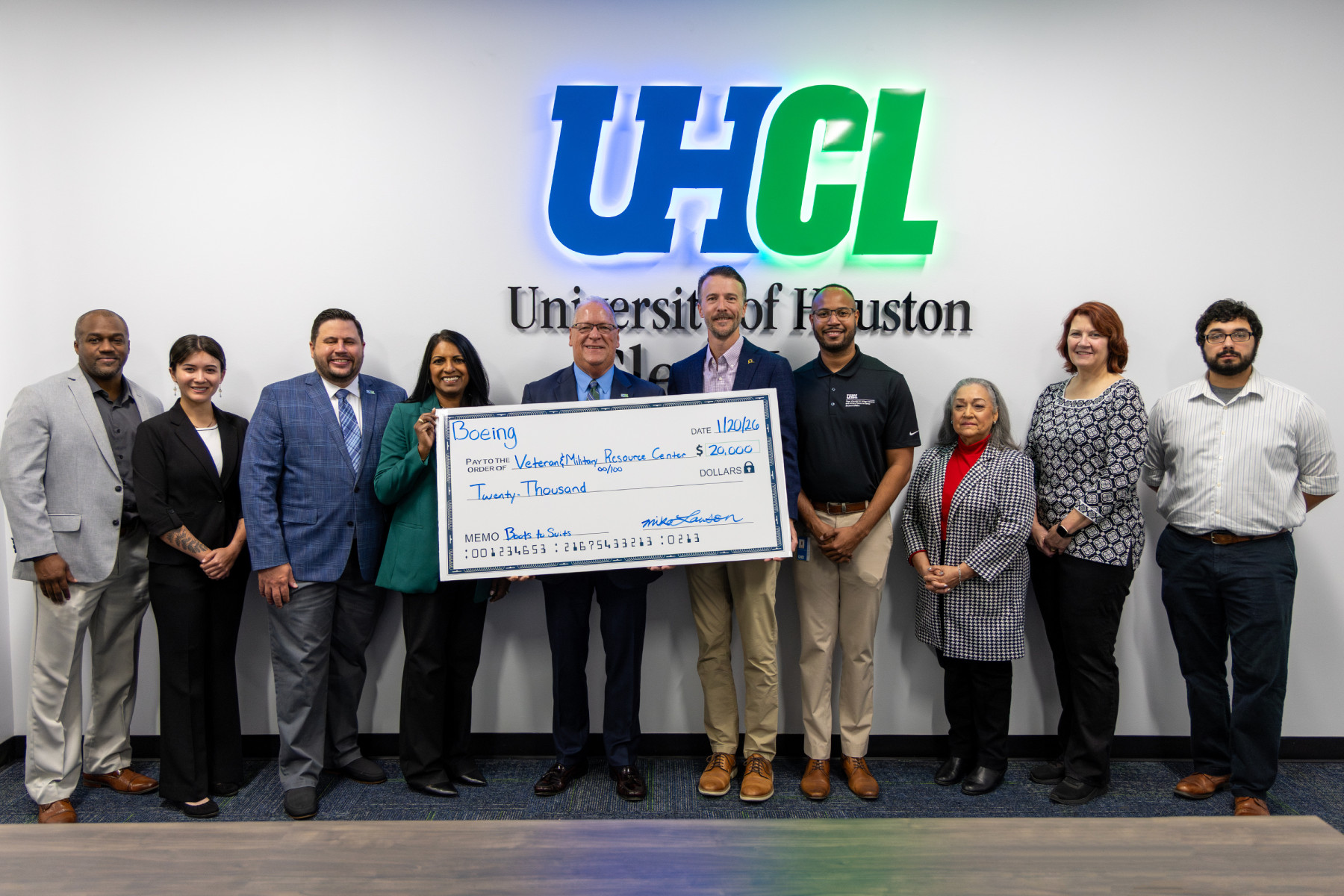 Group photo featuring representatives from UHCL and Boeing