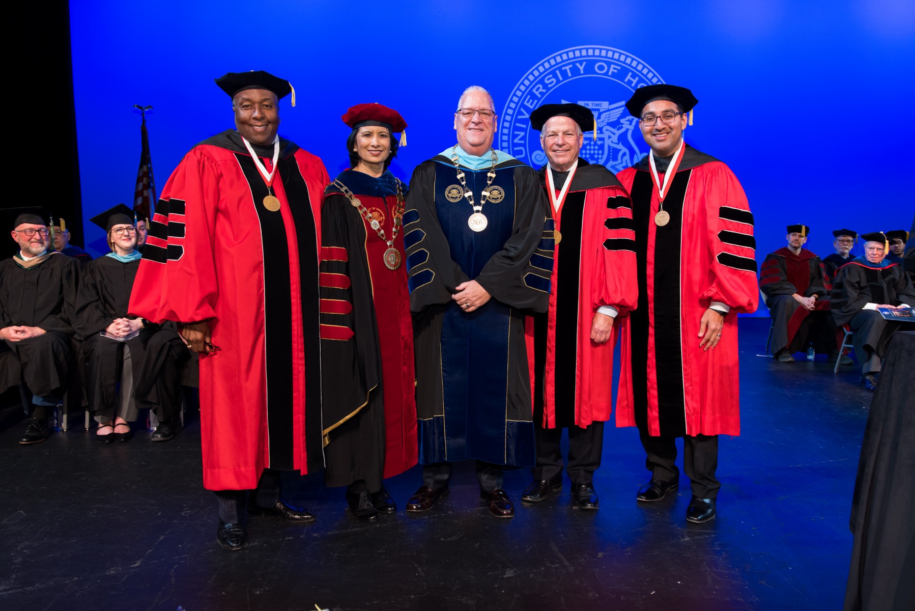 From left: University of Houston System Board of Regents Member Ricky Raven, UH System Chancellor Renu Khator, UHCL President Richard Walker, UH System Board of Regents Vice Chairman Jack Moore, and UH System Student Regent Edward Carrizales.