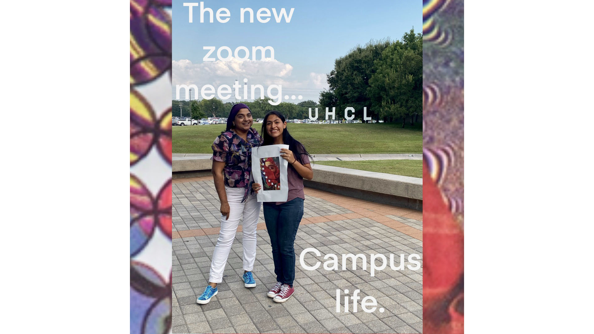 Title: The new zoom meeting. Campus. Two students pose for a picture on campus.