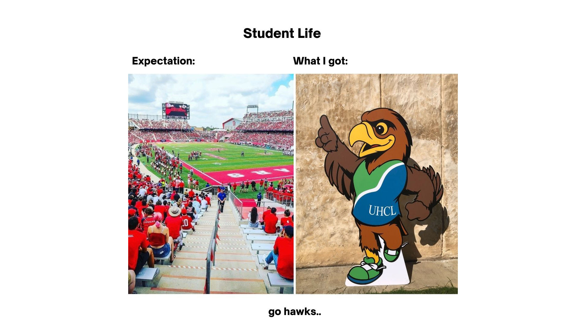 Title: Student Life. One half of the image is labeled "Expectations" and shows a University of Houston Football Game. Another label states "What I got" and shows a picture of Hunter Hawk.