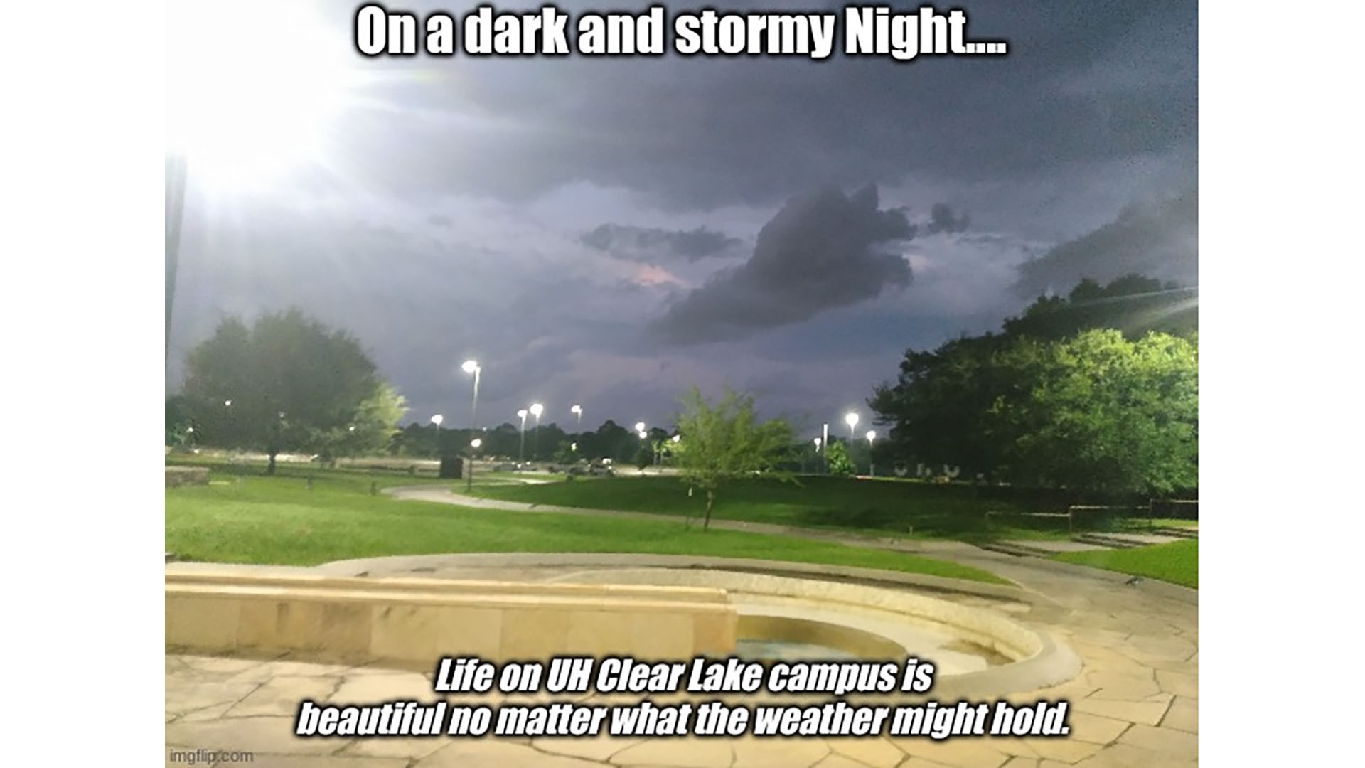 A picture of campus at night. Caption: On a dark and stormy night, life on UH Clear Lake campus is beautiful no matter what the weather might hold.
