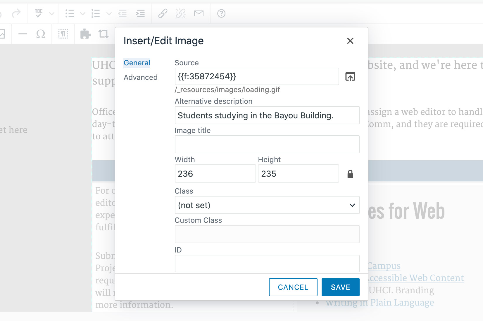 The OU Campus insert/edit image editor.