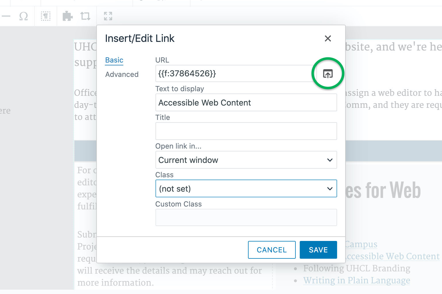 The OU Campus insert/edit link editor with the "Source" icon circled in green.