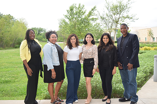 Left to Right: UHCL students Muselifat Kareem, Jasmine Gilbert, Kiara Argueta, Nyssa Chapa, Sania Maknojia, and DaShun Hatcher