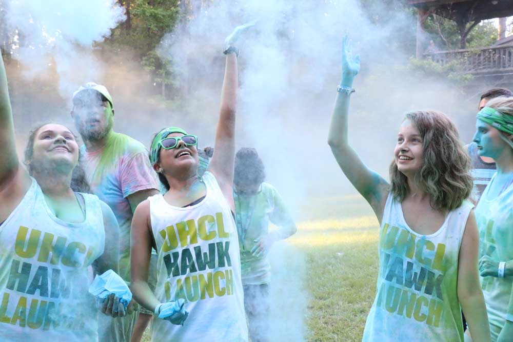 Hawk Launch - new first year UHCL students with colored chalk