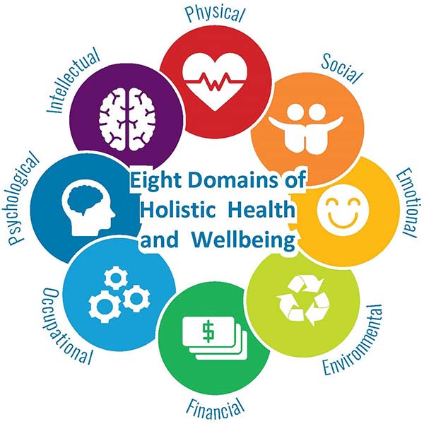 Eight Domains of Holistic Health and Wellbeing: Physical, Social, Emotional, Environmental, Financial, Occupational, Psychological, Intellectual 
