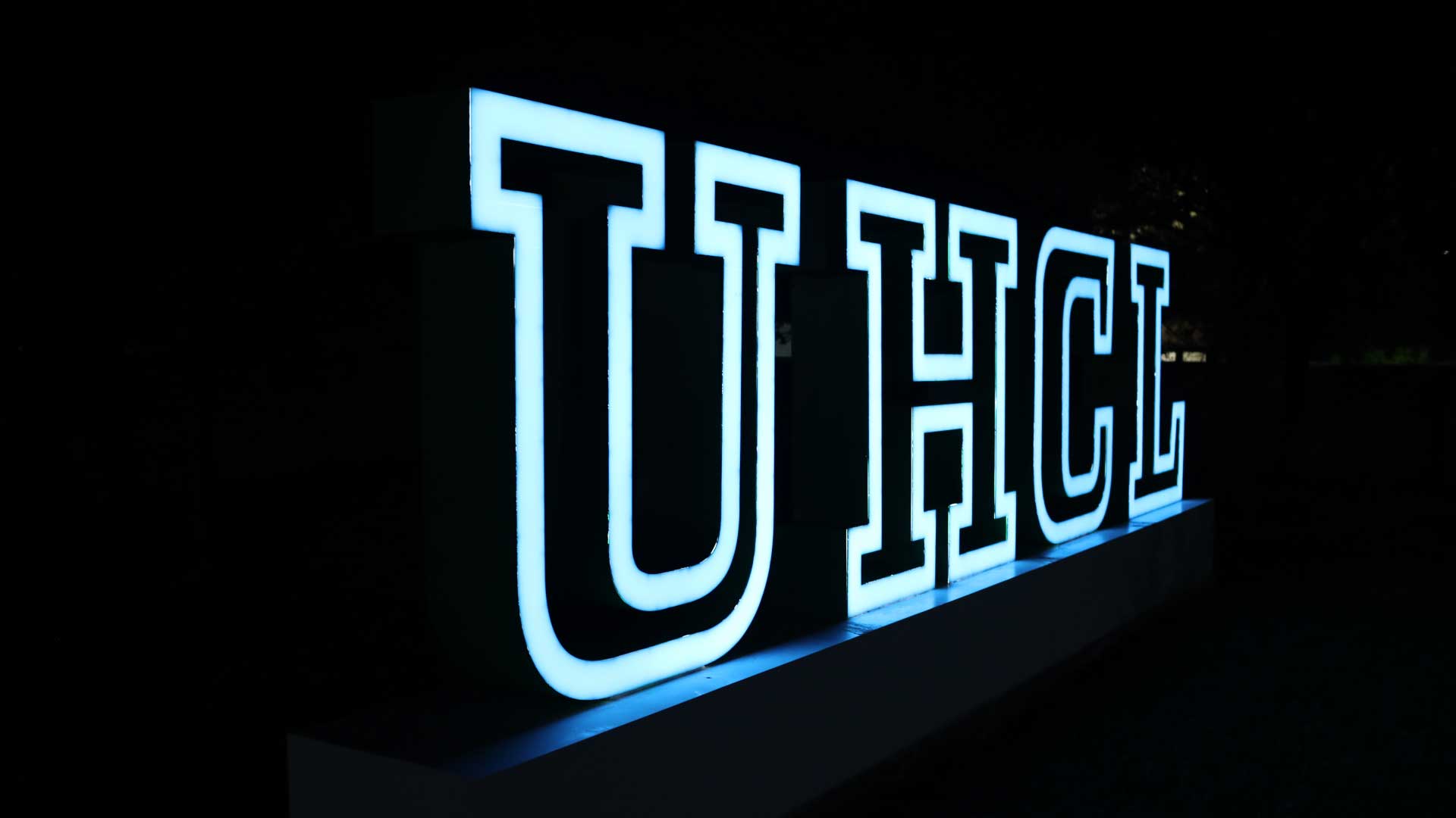 UHCL letters lit up at night